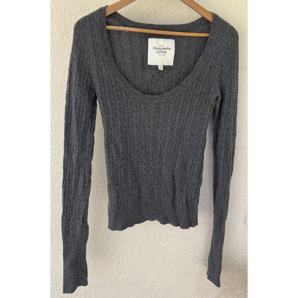VTG Y2K Abercrombie & Fitch Gray Ribbed Sweater 2XS Scoop Neck Preppy Academia